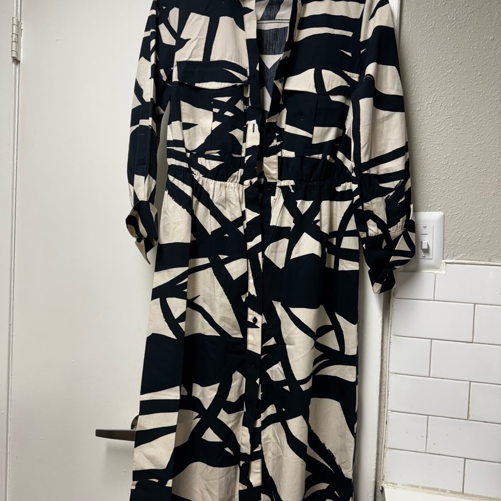 Zara Black and White Long Sleeve Dress with Notched Collar